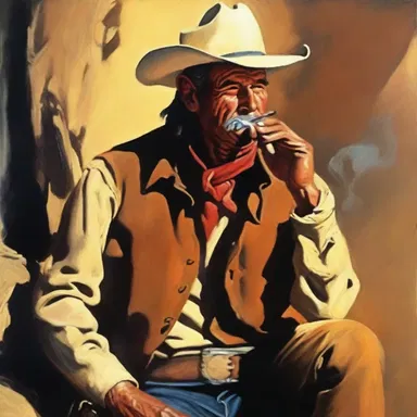 The artist depicted a cowboy chawing tobacco in their painting.