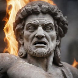 Intensify the previous image further with the ancient stone statue's face now blazing with an extraordinary level of rage.