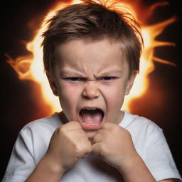 An expressive portrait of a child displaying anger, furrowed brows, clenched fists, and fiery aura around them symbolizing their intense emotions.