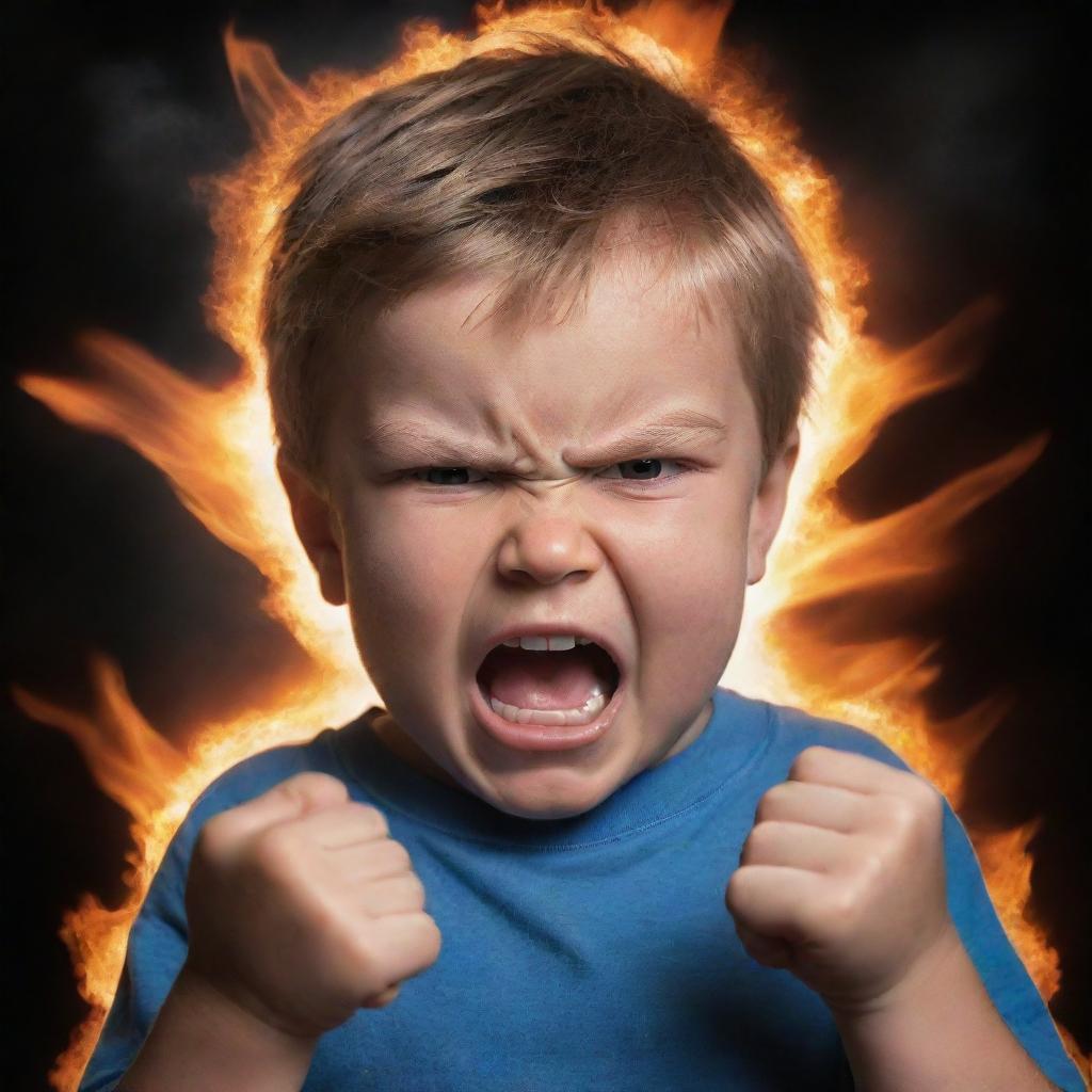 An expressive portrait of a child displaying anger, furrowed brows, clenched fists, and fiery aura around them symbolizing their intense emotions.