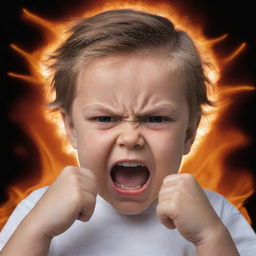 An expressive portrait of a child displaying anger, furrowed brows, clenched fists, and fiery aura around them symbolizing their intense emotions.