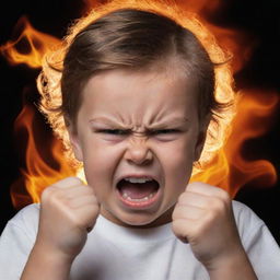 An expressive portrait of a child displaying anger, furrowed brows, clenched fists, and fiery aura around them symbolizing their intense emotions.