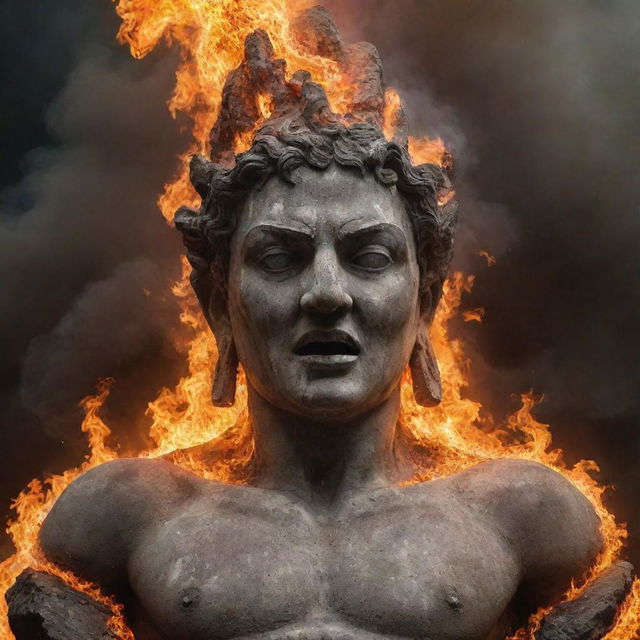 Elevate the previous image to a climax, presenting the ancient stone statue's face as so furiously angry that it appears engulfed in fiery flames.