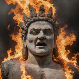 Elevate the previous image to a climax, presenting the ancient stone statue's face as so furiously angry that it appears engulfed in fiery flames.