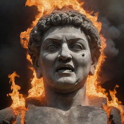 Elevate the previous image to a climax, presenting the ancient stone statue's face as so furiously angry that it appears engulfed in fiery flames.