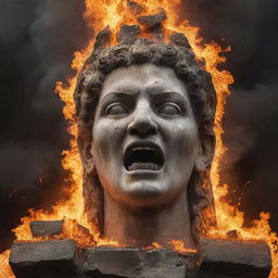 Elevate the previous image to a climax, presenting the ancient stone statue's face as so furiously angry that it appears engulfed in fiery flames.