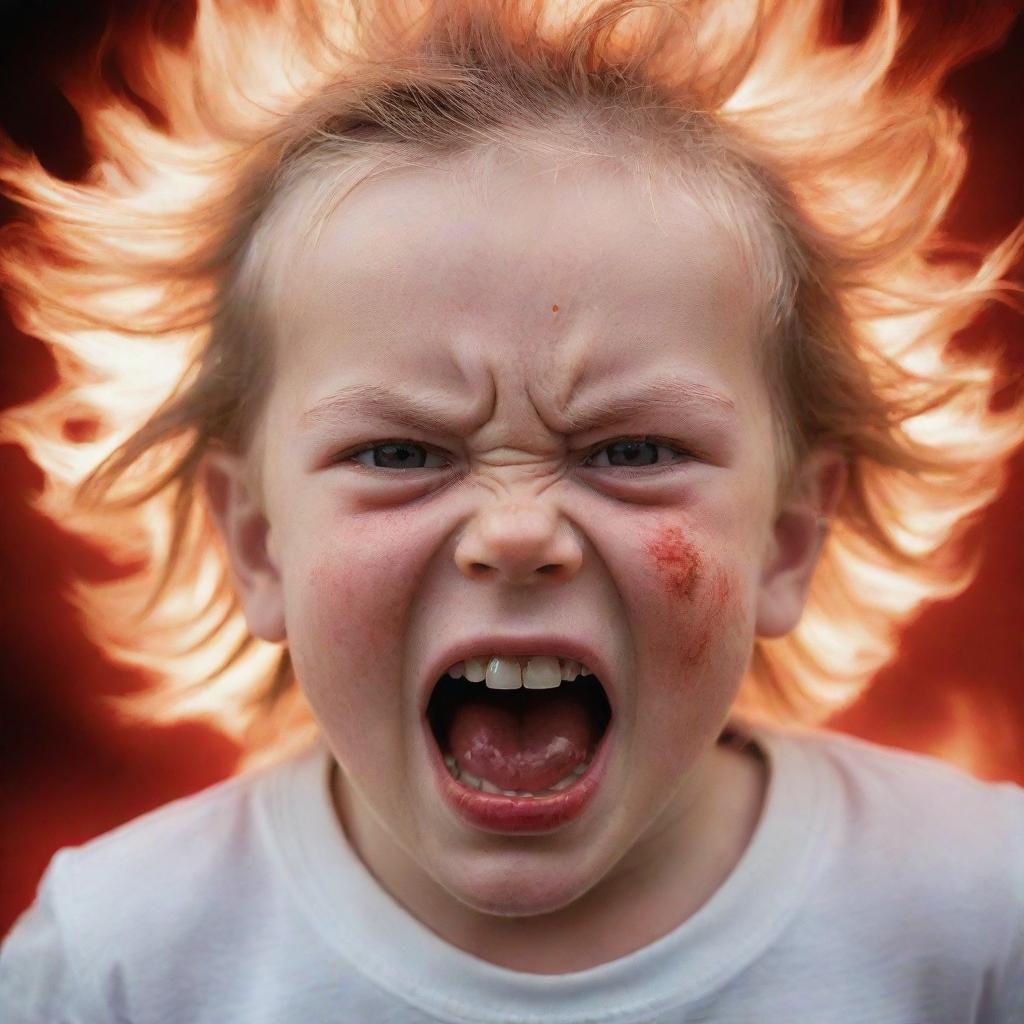 A highly charged portrait of a child displaying extreme anger. Their eyes are ablaze with translucent fury, they are gritting their teeth, and there is an almost tangible cloud of intense red energy enveloping them.