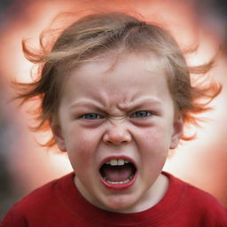 A highly charged portrait of a child displaying extreme anger. Their eyes are ablaze with translucent fury, they are gritting their teeth, and there is an almost tangible cloud of intense red energy enveloping them.