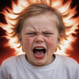 A highly charged portrait of a child displaying extreme anger. Their eyes are ablaze with translucent fury, they are gritting their teeth, and there is an almost tangible cloud of intense red energy enveloping them.