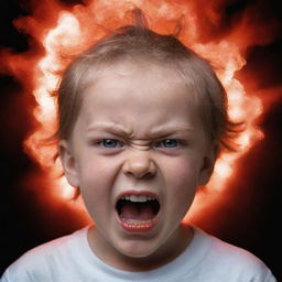 A highly charged portrait of a child displaying extreme anger. Their eyes are ablaze with translucent fury, they are gritting their teeth, and there is an almost tangible cloud of intense red energy enveloping them.