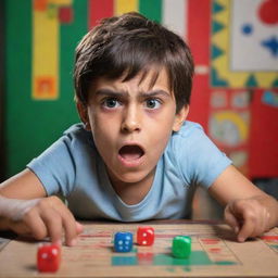 A vivid scene of a young boy displaying a look of shock and anger, realizing he has been cheated during a ludo game. Pieces and dice displaced on the vibrant ludo board in the background.