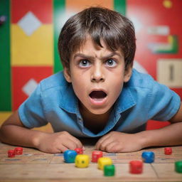 A vivid scene of a young boy displaying a look of shock and anger, realizing he has been cheated during a ludo game. Pieces and dice displaced on the vibrant ludo board in the background.