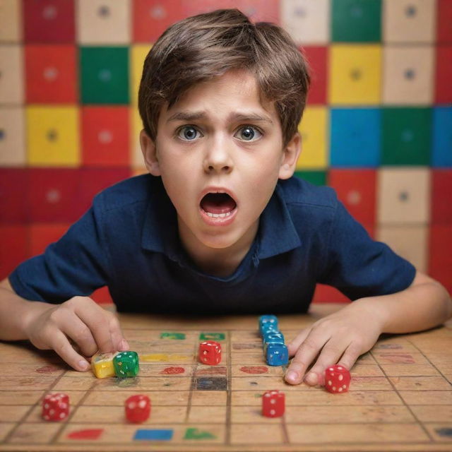 A vivid scene of a young boy displaying a look of shock and anger, realizing he has been cheated during a ludo game. Pieces and dice displaced on the vibrant ludo board in the background.