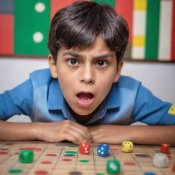 A vivid scene of a young boy displaying a look of shock and anger, realizing he has been cheated during a ludo game. Pieces and dice displaced on the vibrant ludo board in the background.