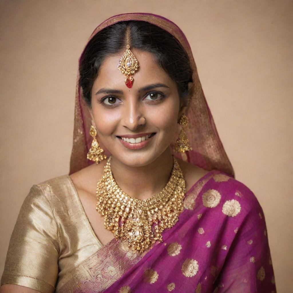 A portrait of an Indian woman in traditional attire. Her face radiates warmth, her eyes are lit by joy, and she's adorned in a vibrant saree with intricate gold jewelry.