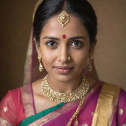 A portrait of an Indian woman in traditional attire. Her face radiates warmth, her eyes are lit by joy, and she's adorned in a vibrant saree with intricate gold jewelry.