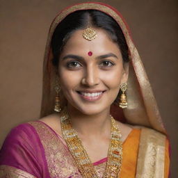 A portrait of an Indian woman in traditional attire. Her face radiates warmth, her eyes are lit by joy, and she's adorned in a vibrant saree with intricate gold jewelry.