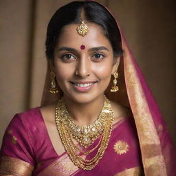 A portrait of an Indian woman in traditional attire. Her face radiates warmth, her eyes are lit by joy, and she's adorned in a vibrant saree with intricate gold jewelry.