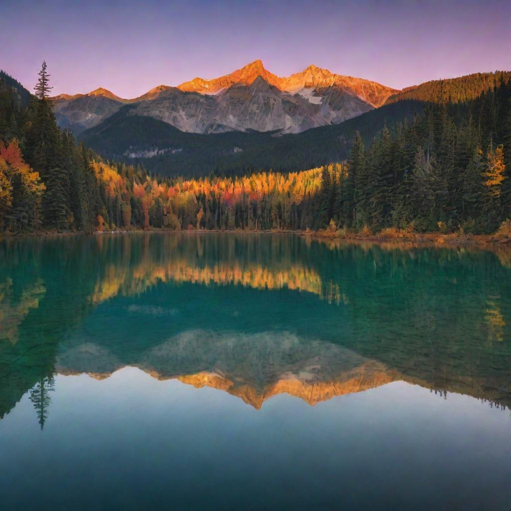 A stunning landscape at dusk, with a thriving forest painted with autumn colors, a serene emerald lake reflecting the setting sun's orange hues, and majestic mountain peaks in the background crowned by a star-speckled twilight sky.