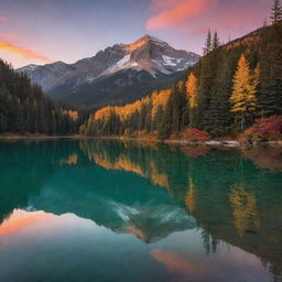 A stunning landscape at dusk, with a thriving forest painted with autumn colors, a serene emerald lake reflecting the setting sun's orange hues, and majestic mountain peaks in the background crowned by a star-speckled twilight sky.