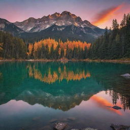 A stunning landscape at dusk, with a thriving forest painted with autumn colors, a serene emerald lake reflecting the setting sun's orange hues, and majestic mountain peaks in the background crowned by a star-speckled twilight sky.