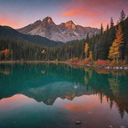 A stunning landscape at dusk, with a thriving forest painted with autumn colors, a serene emerald lake reflecting the setting sun's orange hues, and majestic mountain peaks in the background crowned by a star-speckled twilight sky.