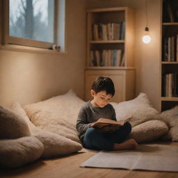 A wholesome scene of a child sitting in a cozy, well-lit room reading their favorite book.