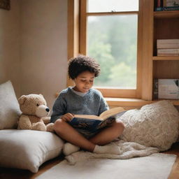 A wholesome scene of a child sitting in a cozy, well-lit room reading their favorite book.