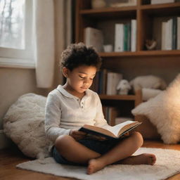 A wholesome scene of a child sitting in a cozy, well-lit room reading their favorite book.