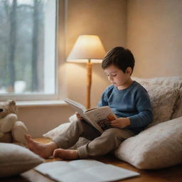 A wholesome scene of a child sitting in a cozy, well-lit room reading their favorite book.