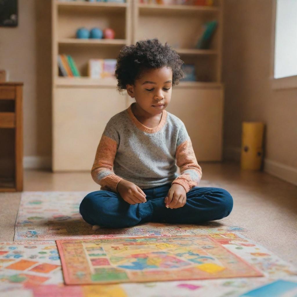 A serene image of a child sitting comfortably in a warmly lit room, focused on a colorful board game spread out before them.