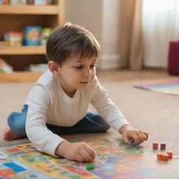 A serene image of a child sitting comfortably in a warmly lit room, focused on a colorful board game spread out before them.