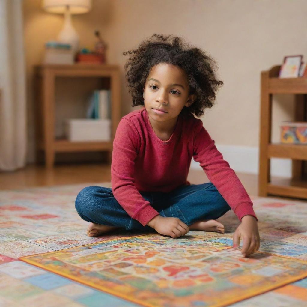 A serene image of a child sitting comfortably in a warmly lit room, focused on a colorful board game spread out before them.