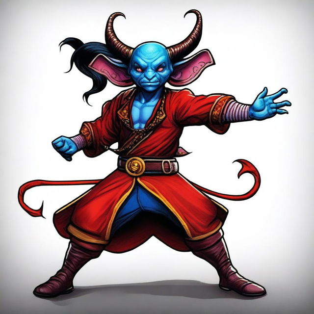 Generate an image of a Teifling with red skin, black hair, and blue eyes