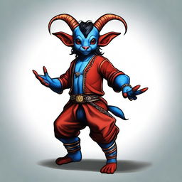 Generate an image of a Teifling with red skin, black hair, and blue eyes