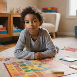 A serene image of a child sitting comfortably in a warmly lit room, focused on a colorful board game spread out before them.