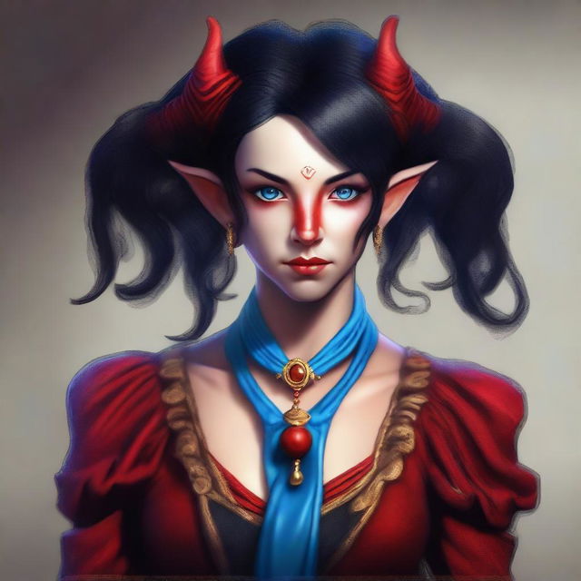 Generate a realistic image of a female Teifling with red skin, black hair, and blue eyes