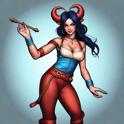 Generate a realistic image of a female Teifling with red skin, black hair, and blue eyes