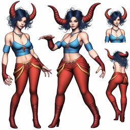 Generate a realistic image of a female Teifling with red skin, black hair, and blue eyes