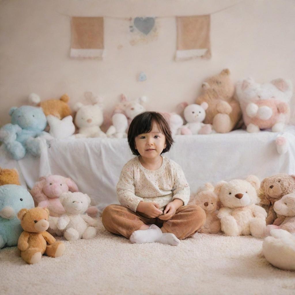 A cozy depiction of a child sitting on a plush carpet, surrounded by soft toys in a warmly decorated room.