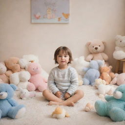 A cozy depiction of a child sitting on a plush carpet, surrounded by soft toys in a warmly decorated room.