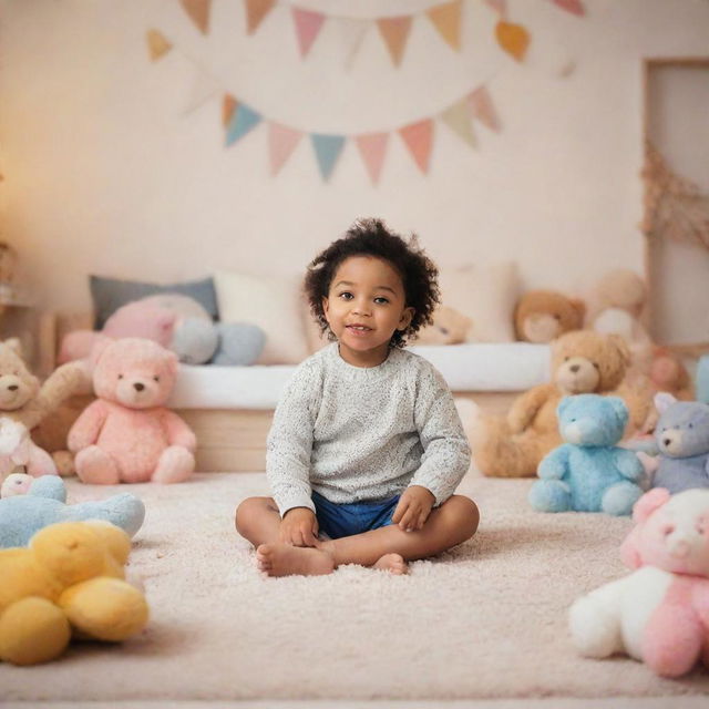 A cozy depiction of a child sitting on a plush carpet, surrounded by soft toys in a warmly decorated room.