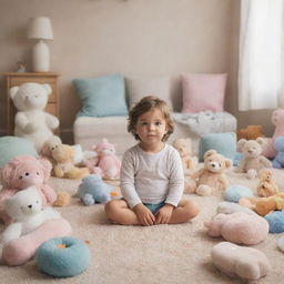 A cozy depiction of a child sitting on a plush carpet, surrounded by soft toys in a warmly decorated room.