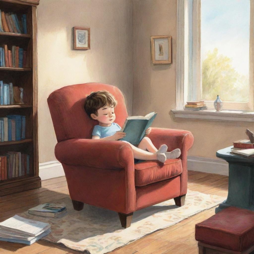 A character-focused illustration of a child lounging comfortably in a cushioned armchair, engrossed in a fascinating novel, inside a well-lit, well-appointed room.