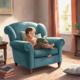 A character-focused illustration of a child lounging comfortably in a cushioned armchair, engrossed in a fascinating novel, inside a well-lit, well-appointed room.