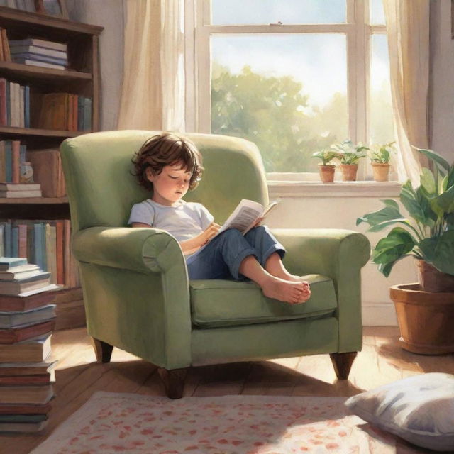 A character-focused illustration of a child lounging comfortably in a cushioned armchair, engrossed in a fascinating novel, inside a well-lit, well-appointed room.