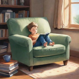 A character-focused illustration of a child lounging comfortably in a cushioned armchair, engrossed in a fascinating novel, inside a well-lit, well-appointed room.