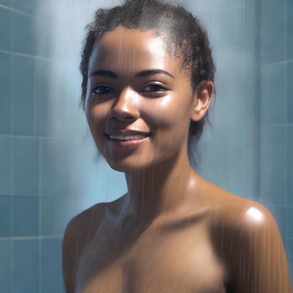 Create a hyper-realistic digital painting of an 18-year-old light brown-skinned woman in a shower scene