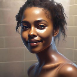 Create a hyper-realistic digital painting of an 18-year-old light brown-skinned woman in a shower scene