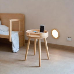 Adapt the earlier scene to include the child's mobile phone brightly lit and ringing on the polished wooden side-table.